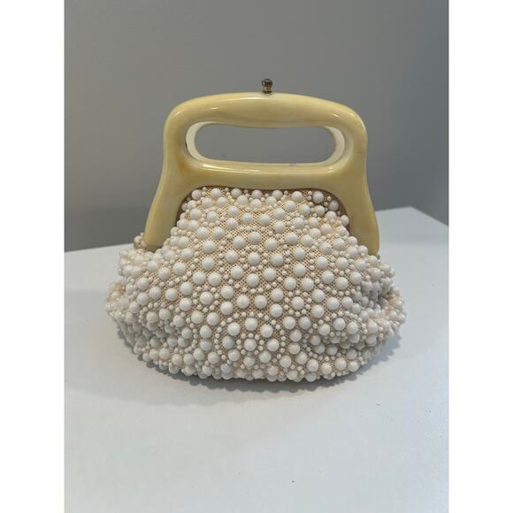 Vintage Handbags - Vintage 1950s-60s Raffia Beaded and Lucite Purse White JL
